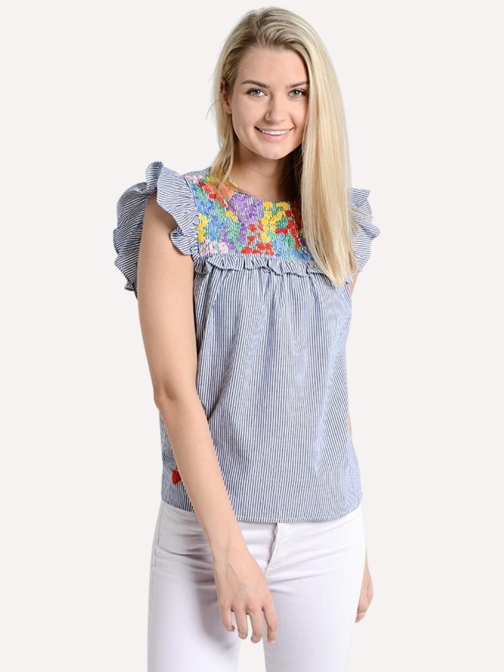 J.Marie Striped Flutter Sleeve Blouse with Multicolor Embroidered Size Xs